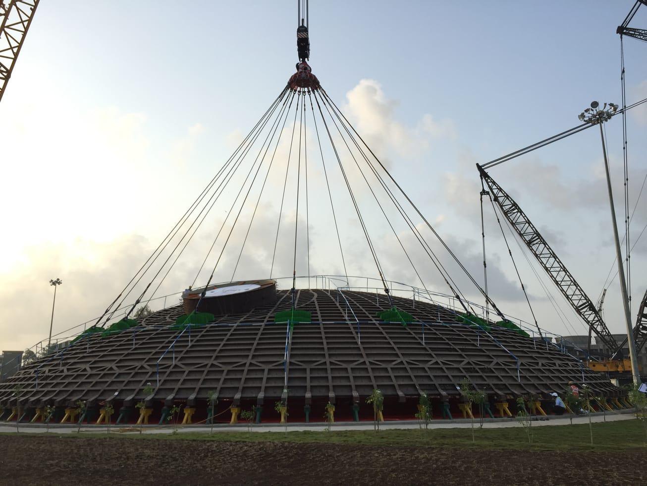 The Kakrapar nuclear dome head suspended from a crawler crane on a spread of slings