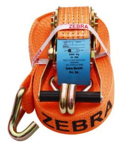 Orange Zebra ratchet lashing belt with label and J-hooks