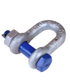 Galvanised Sealinkers dee shackle with blue bolt, angled view