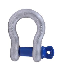 Galvanised Sealinkers bow shackle with blue screw pin, front view