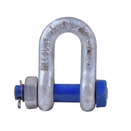 Galvanised Sealinkers dee shackle with blue bolt, nut and pin