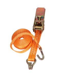 Orange Zebra ratchet lashing belt, coiled, with J-hooks