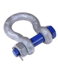 Galvanised Sealinkers bow shackle with blue bolt, angled view
