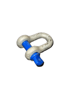 Galvanised dee shackle with blue screw pin, angled view