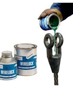 Wirelock resin being poured into a wire rope socket, with Wirelock kit tins