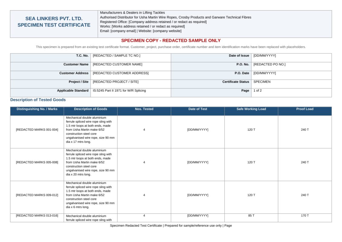 Specimen Sealinkers test certificate (redacted sample)