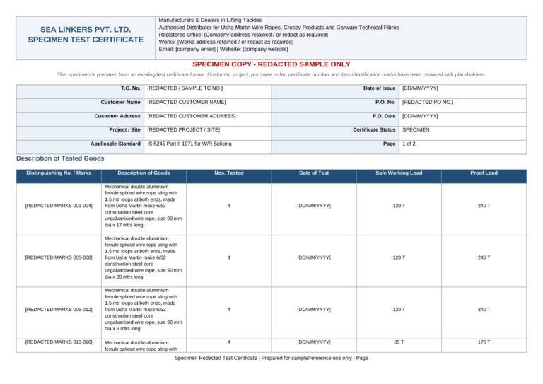 Specimen Sealinkers test certificate (redacted sample)
