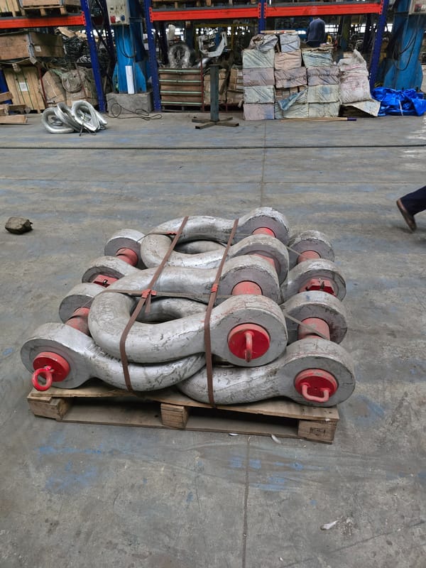 A pallet of large lifting shackles ready for despatch