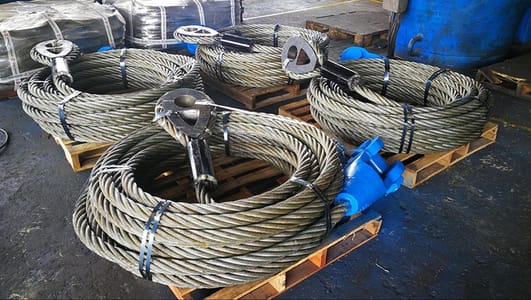 Coils of steel wire rope in stock